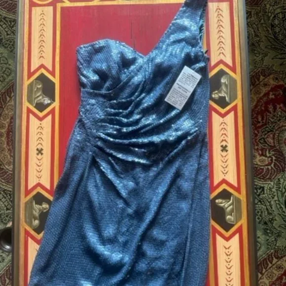 nicole miller blue sequin dress Nicole Miller Blue Sequin Embellished Satin Silk One Shoulder Cocktail  Dress M